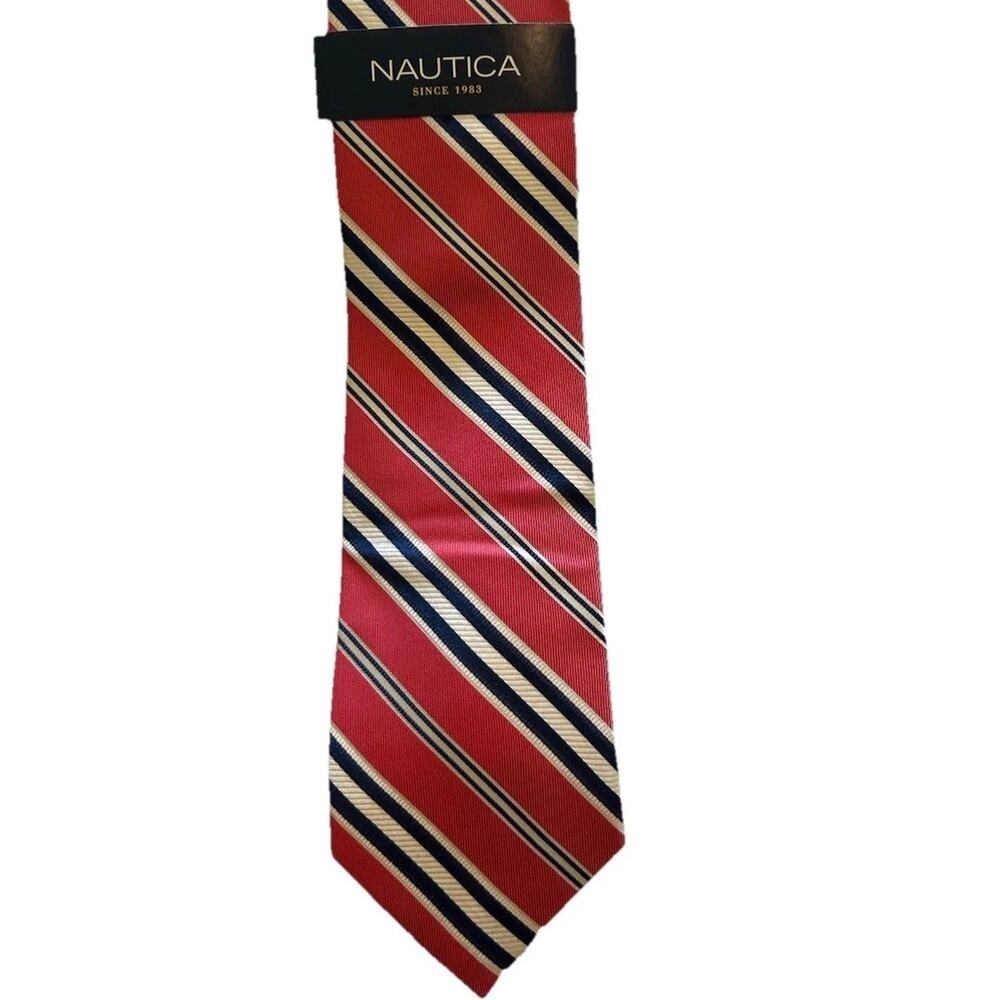 NWT NAUTICA Silk Repp Necktie‎ Mens 3.25" Red Blue White Striped Tie Classic